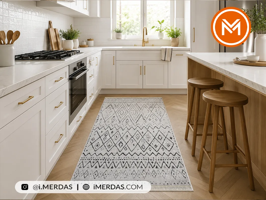 ست کردن فرش آشپزخانه با کابینت سفید